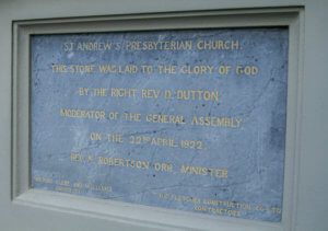 engraved stone outside of St Andrew's. Stone was laid by By the Right Rev D Dutton, 22nd April 1922